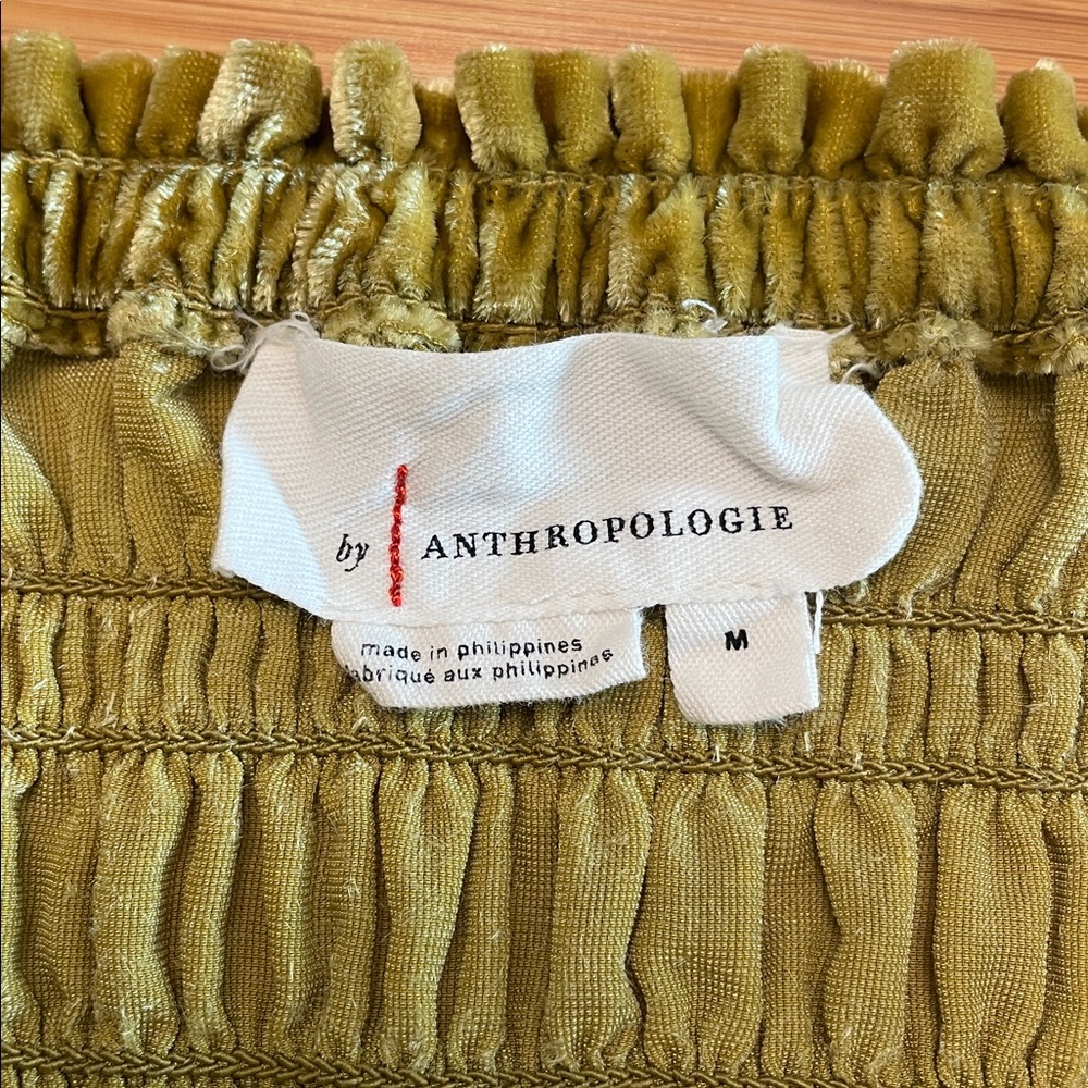 Anthropologie Puff Sleeve Velvet Blouse Medium Smocked Bodice Square Neck Gold - Picture 10 of 14